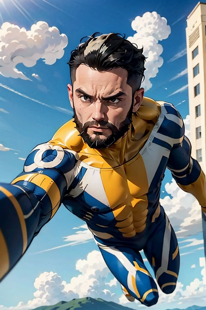 immortal, muscular, black hair, beard, bodysuit, looking at viewer, serious,flying, in air, action shot, blue sky, clouds, extreme detail, masterpiece,