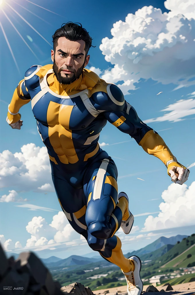 immortal, muscular, black hair, beard, bodysuit, looking at viewer, serious,flying, in air, action shot, blue sky, clouds, extreme detail, masterpiece, 