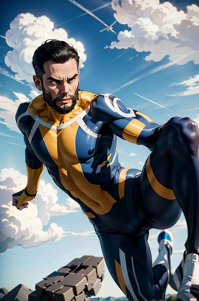 immortal, muscular, black hair, beard, bodysuit, looking at viewer, serious,flying, in air, action shot, blue sky, clouds, extreme detail, masterpiece, 