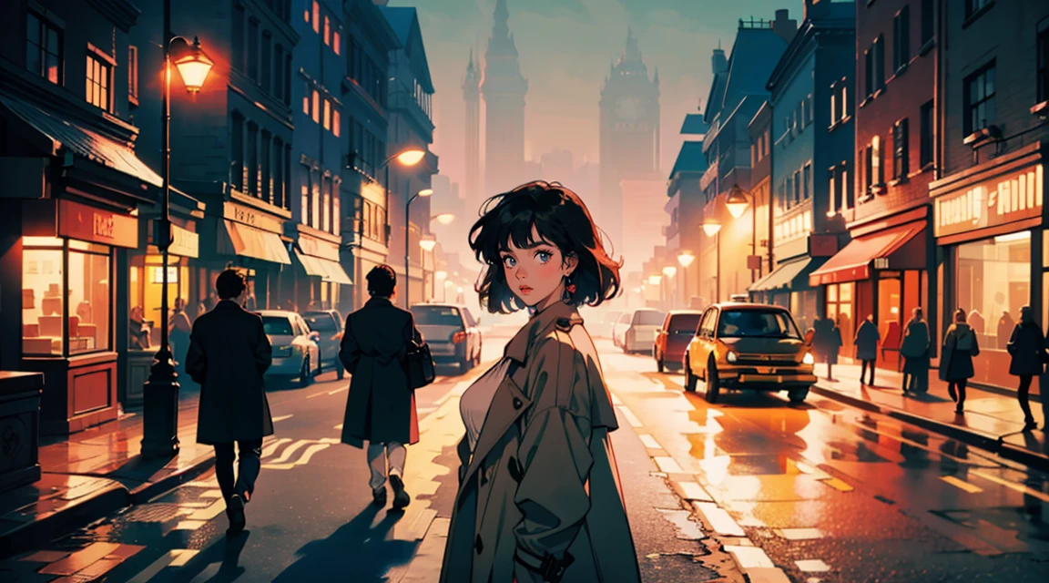 streetlight at night, London,Big Ben,Classic atmosphere, Adult woman wearing a trench coat, ,Perfect Face, Looking Away, (Backlight: 1.1), A scene from a movie, Soft Shadows, masterpiece, Highest quality, Complex, Model shooting style, Vintage, Film Grain, Wide shot wet hair、Red lipstick、Blue-toned lighting