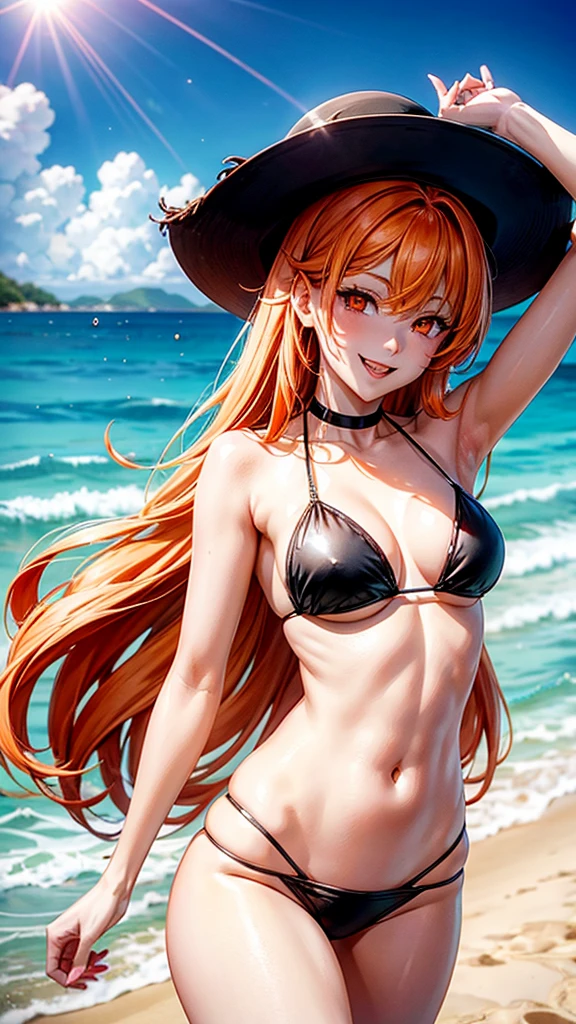 vampire young woman, orange hair, white skin, orange eyes, black bikini, happy, friendly, smile eyes. Beach, walking,, sun day, beautiful. Anime sexy. Star power