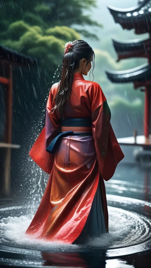 (Highest picture quality), (Master's work), (ultra-detailed), the portrait is centered, 1girl, raiden shogun, (wet clothes), blush, hips, ((from above:1.7), (water drop, (rain), (outdoors), stained, wet hair, wet dress, wet, scenery, (long hair), nature background, close up, ((on back)), water, in water, masterpiece, best quality, ultra high res, highly detailed, (abstract expressionism art:1.4), [girl | fire ghost:10], love, sparking fire red eyes, dark rainbow theme, colorful, visually stunning, beautiful, gorgeous, emotional, intricate, perferct shading, cartoon style, disney style