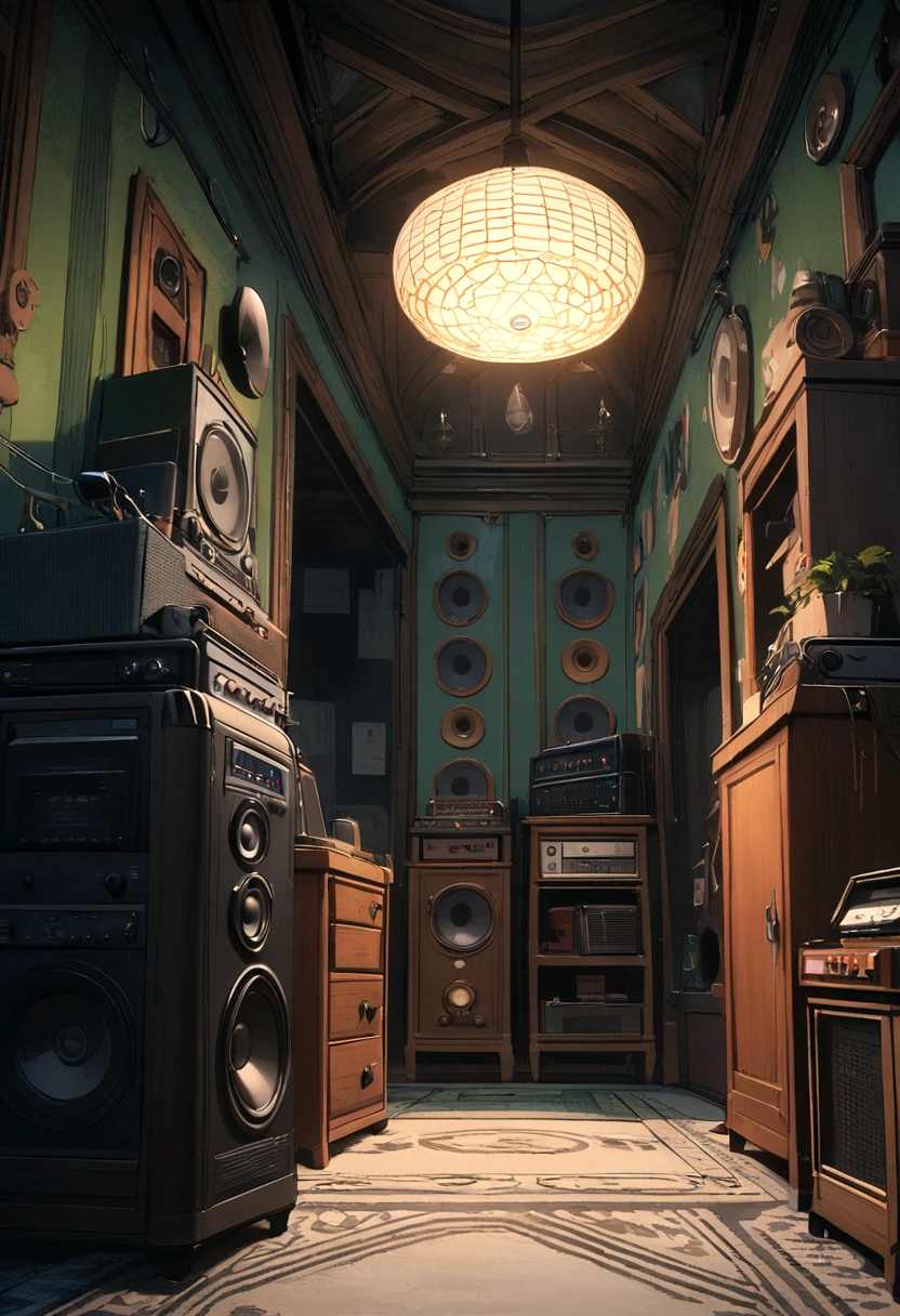room with the radio playing and the symbol of Brazil on the speaker