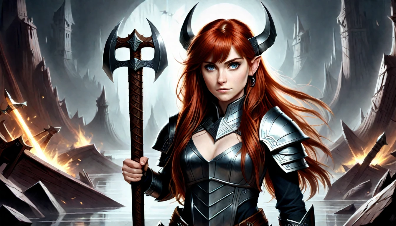 hazbin style, a female dwarf redhead with long hair, without helmet, holding a large battle axe, medieval fantasy costume, rugged facial features, intense expression, dramatic lighting, rich colors