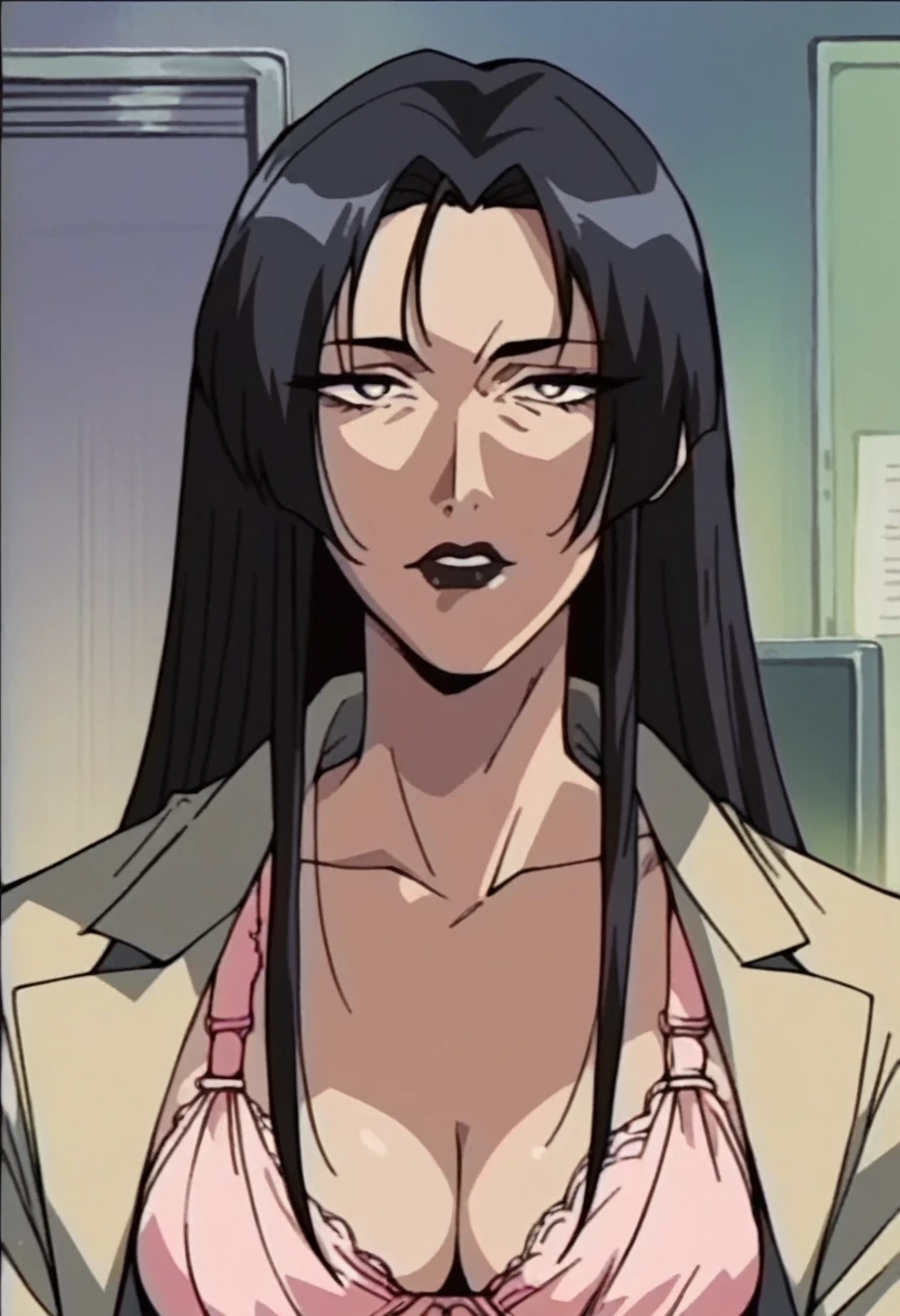 beautyful mature japanese woman, slim body, slender body, black jacket,big long fringe black hair, black lipstick, pink bra, milf, black chocker, using computer
