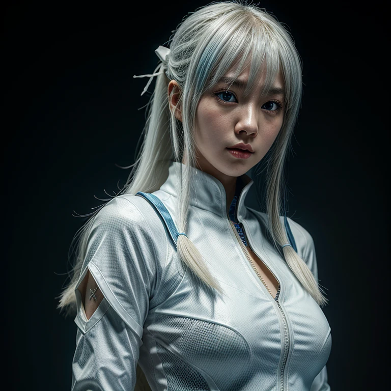 Korean girl, white long hair with bangs, icy blue eyes, white skin, white skimpy ninja suit, video game style, mortal kombat style