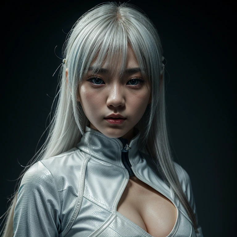 Korean girl, white long hair with bangs, icy blue eyes, white skin, white skimpy ninja suit, video game style, mortal kombat style