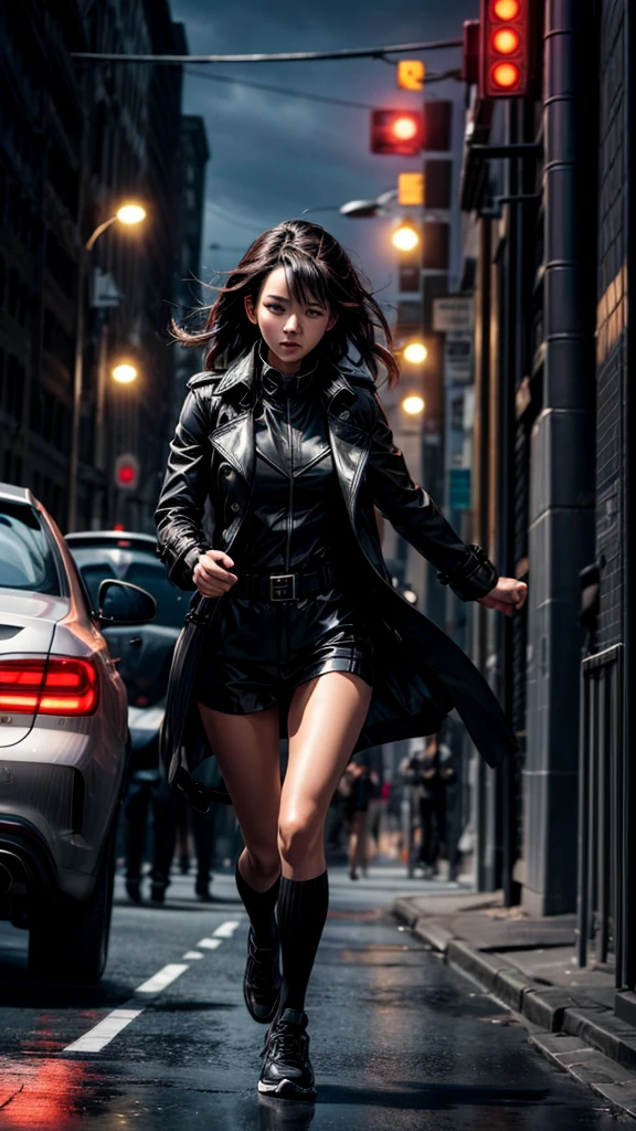 A person wearing a black trench coat running away from、Run through the cars
