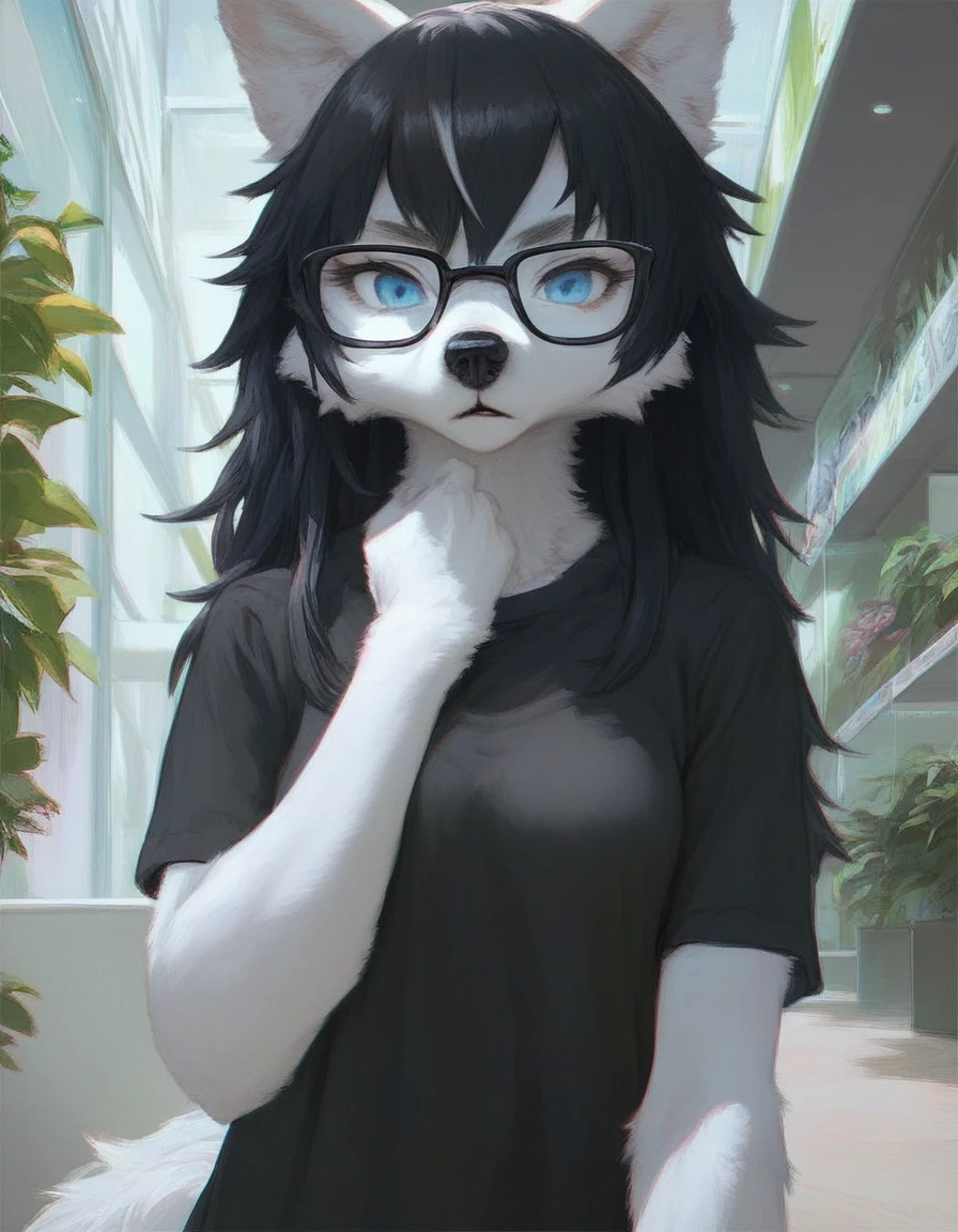 Solo, score_9,score_8_up,score_7_up, kemono style, (a young nerdy Anthro furry wolf woman, wolf snout, black nose, white furry body, white fur, detailed fur, tall, long black hair, straight black hair, white wolf tail, blue eyes, black glasses, white wolf ears, white wolf tail, small breasts, wearing black trendy romper), standing, outdoors at a mall, front view, cutely pouting, hugging herself, 