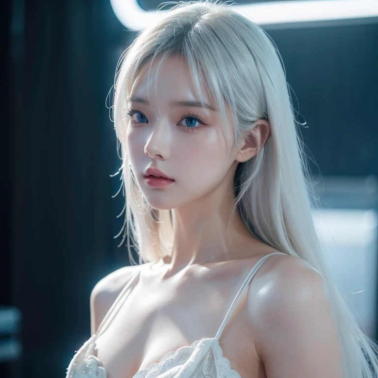 a beautiful young korean woman with long white hair and bangs, icy blue eyes, pale white skin, wearing a white skimpy ninja suit, video game style, mortal kombat style, (best quality,4k,8k,highres,masterpiece:1.2),ultra-detailed,(realistic,photorealistic,photo-realistic:1.37),extremely detailed eyes and face,longeyelashes,beautiful detailed lips,beautiful detailed eyes,elegant,graceful,dynamic pose,action scene,moody lighting,dark shadows,neon lights,dramatic colors,vibrant colors