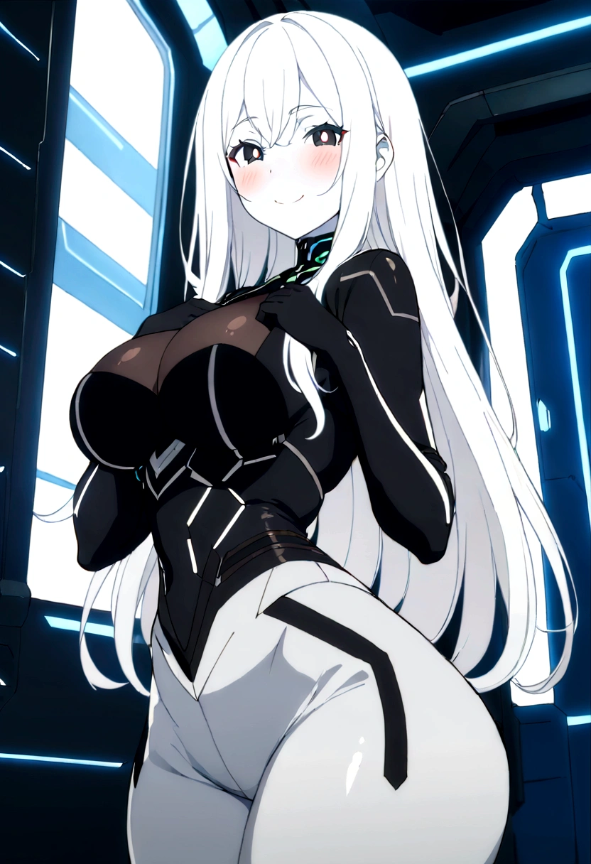 Masterpiece, High quality, High quality of art, anime lineart, 1girl,white hair, black eyes, white eyebrow, red eyeshadow, Tall, black cyber clothers, light gray cyber pants, big hips, big chest, very blush, white hearts in eyes, in future base, looking at viewer, smile, white skin