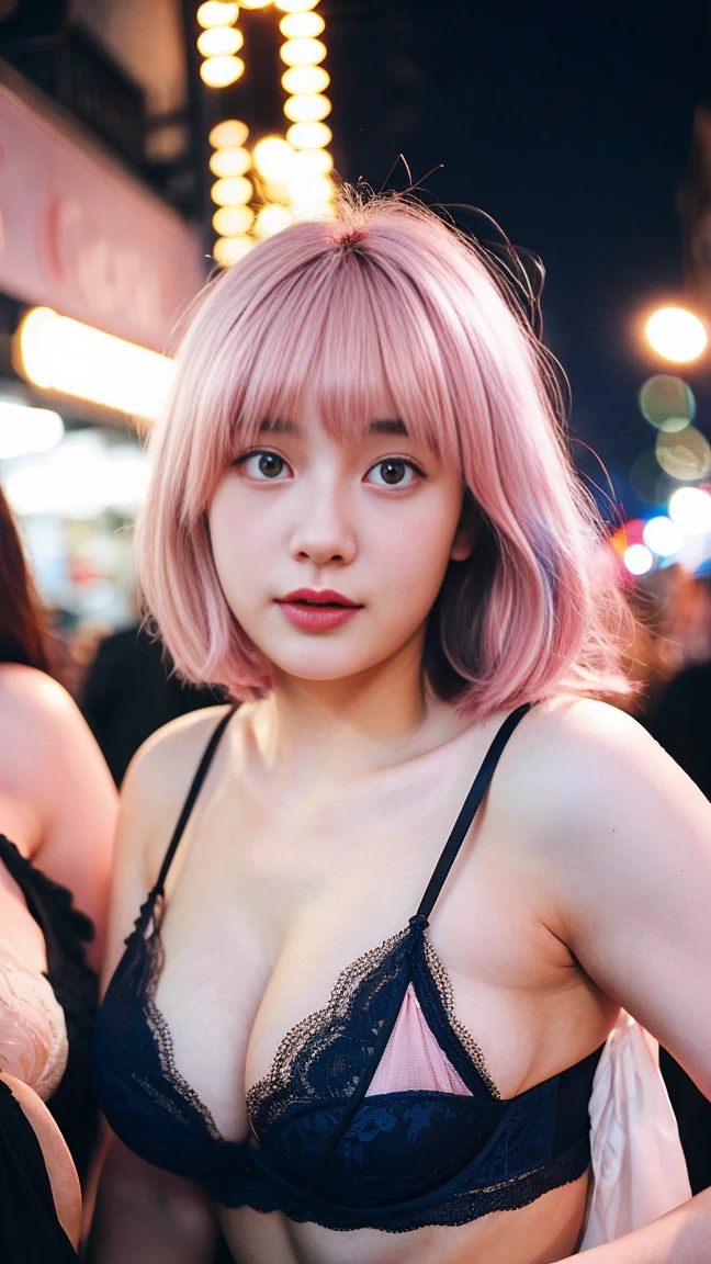 1 Girl, Beautiful, Baby Face, 20 Years Old, White Skin, Saggy Colossal Breasts, Sexy Pose, Wearing Lingerie Dress, (Golden Lingerie Outfit), Blue Eye, Muscles, Bokeh, ((night:1.3)), ((dark:1.3)), Street Crowd Background, Masterpiece, Dizzy, Foggy, ((Pink Hair)), Twintails, Pink Coloured