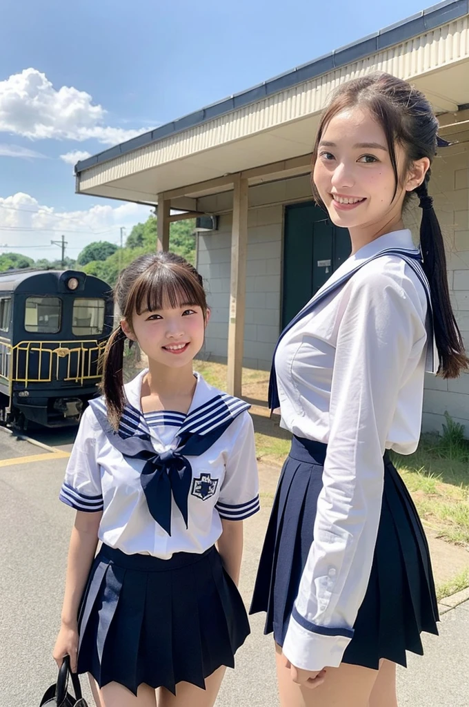 2 girls walking in rural railway station,Japanese train,cumulonimbus cloud in summer blue sky,white sailor shirt and navy blue pleated skirt,18-year-old,bangs,a little smile,thighs,knees,wet short hair with low pigtails bunches,from beside,front light