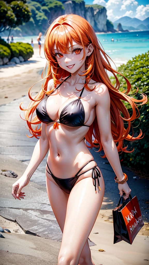 vampire young woman, orange hair, white skin, orange eyes, black bikini, happy, friendly, smile eyes. Beach, walking,, sun day, beautiful. Anime sexy. Star power