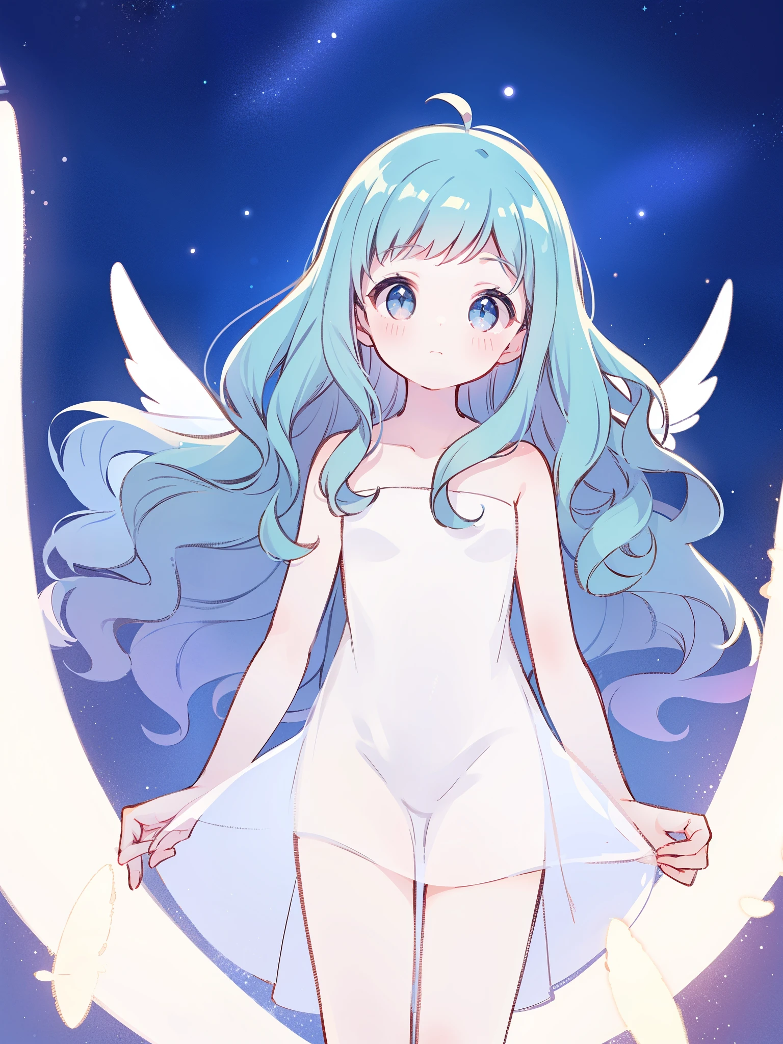 nude angel girl wearing an ethereal translucent dress, pale skin, ((blue mint wavy hair)), white feathers, angel wings, sparkling detailed eyes, golden ratio face, perfect composition, highly detailed, ethereal, (starry night sky background), midjourney style