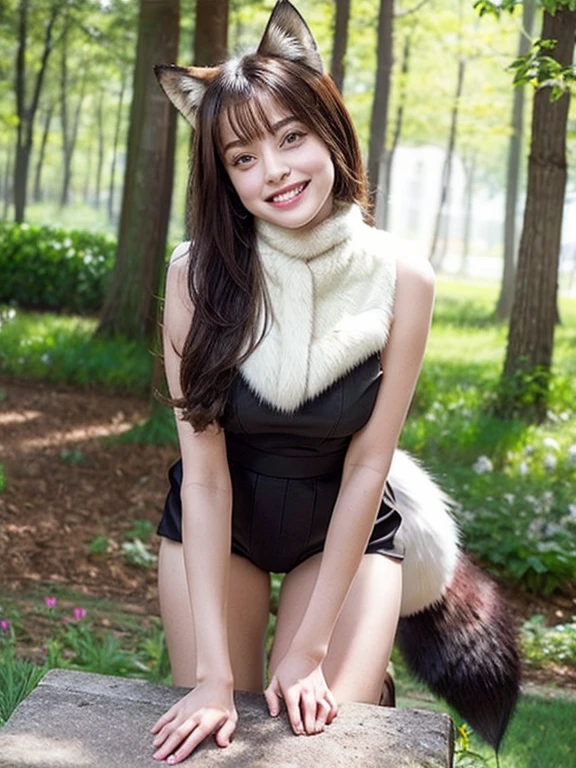 ((Highest quality, 32k)), ((masterpiece)), (Familiar), Perfect Face, Fox Girl, Pretty girl, Outdoor, model, Has one tail, She has a northern fox tail, She stretches out her fluffy tail, Beautiful hip line, Thick thighs, fur collar, A large tail sticks out, Get down on all fours, Waving his tail happily, She only has one tail,Smiling Kindly
