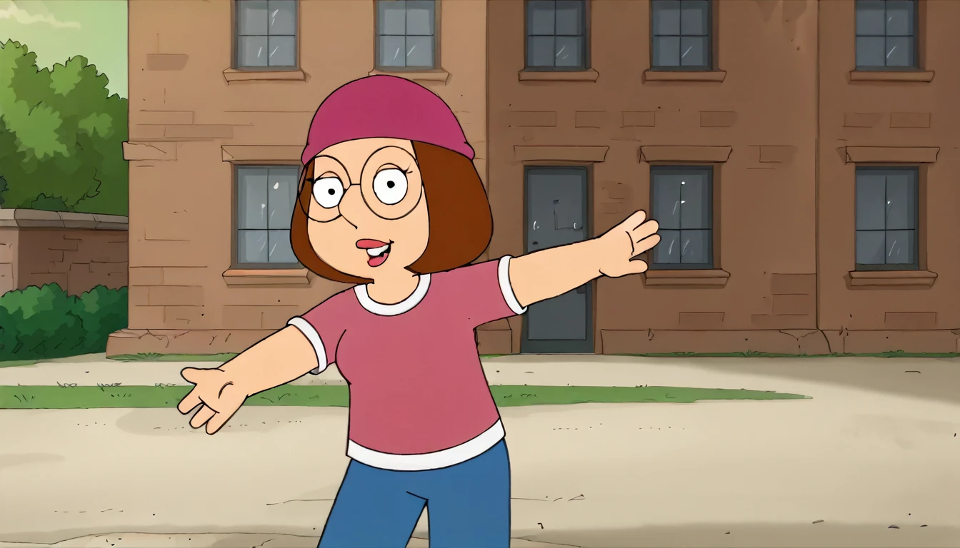 meg, (((1girl, solo, alone, short brown hair, glasses))), flat color, looking at viewer, smile,
blue pants, beanie, pink shirt,
fighting stance, battle stance, sexy pose, dynamic pose, dynamic angle, cowboy shot,
outdoor, house, day,