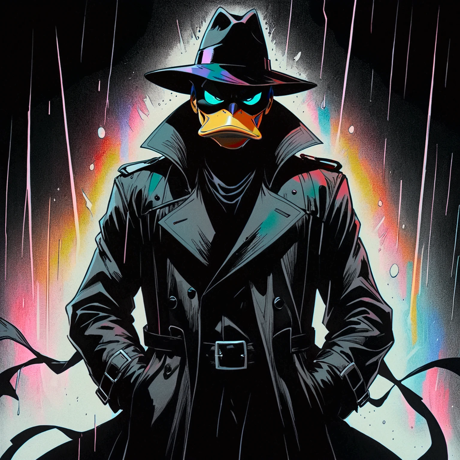  VHS, glitch, distorted, nostalgia, 90's retro vibes, analog tape, vcr aesthetics, tv, television, hand drawn, (full roygbiv color) ink charcoal expressive illustration, no light source, darkness, light mask uv rays across face, splash page, cinematic, darkwing duck wearing black trenchcoat, abyss black void coat, shades of darkness, no light source, hand drawn, animated, rotoscope, consuming insatiable darkness black trenchcoat