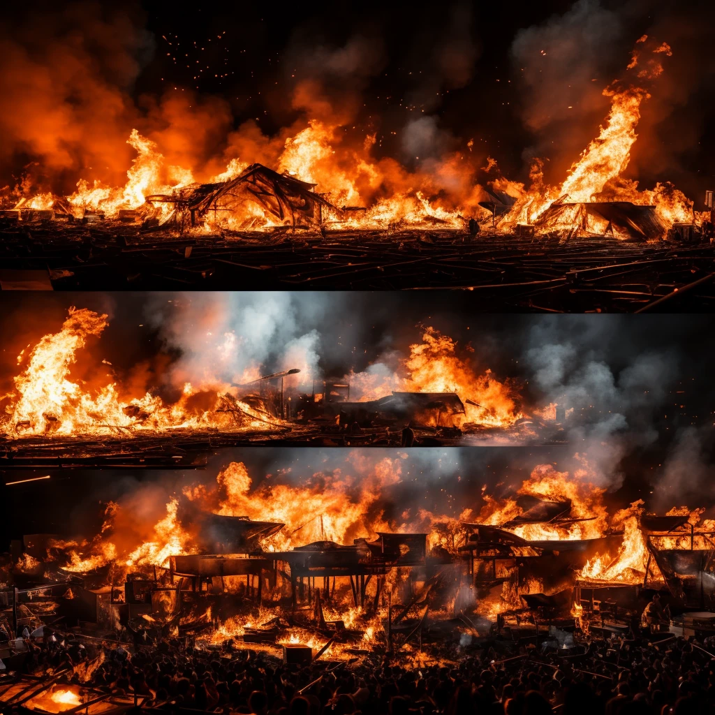 super high quality, (8k, RAW photos, realistic), detailed and smooth depictions and striking and dynamic painting methods, a music concert caught on fire and people panicked, running around. the performance stage exploded into flames. music concert background, people are watching the fire.