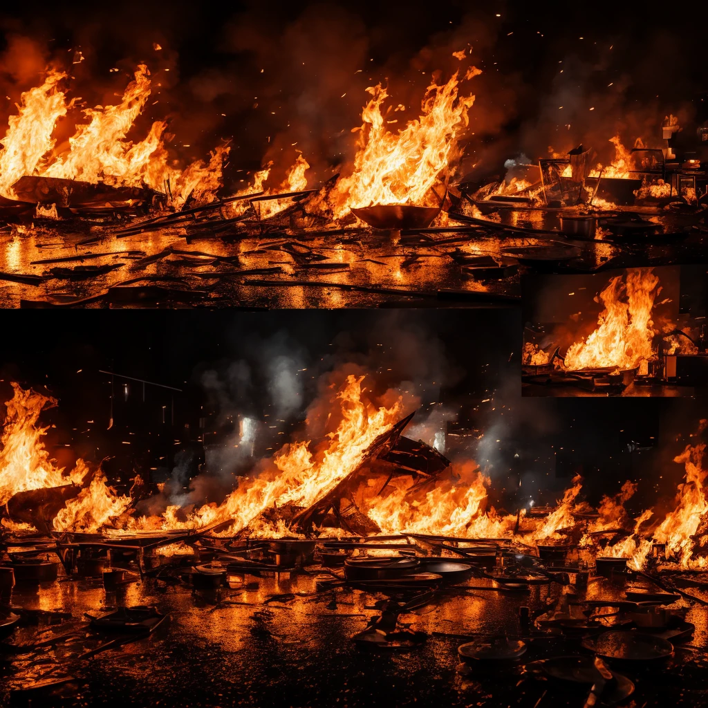 super high quality, (8k, RAW photos, realistic), detailed and smooth depictions and striking and dynamic painting methods, a music concert caught on fire and people panicked, running around. the performance stage exploded into flames. music concert background, people are watching the fire.