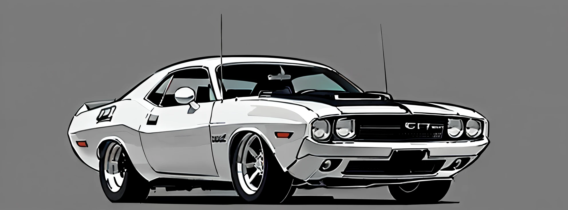 Cement Grey colored 1970 Dodge Challenger RT , pop art, cartoonish style , sketch, comic, detailed illustration, large chrome wheels, slammed to the ground, wide bodykit, masterpiece, highly detailed ((([simple  grey background])))


