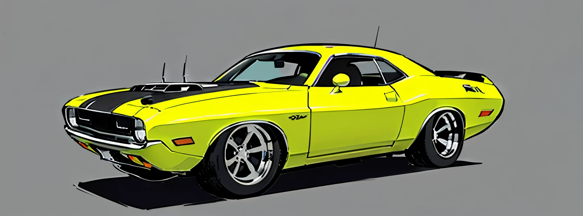 Cement Grey colored 1970 Dodge Challenger RT , pop art, cartoonish style , sketch, comic, detailed illustration, large chrome wheels, slammed to the ground, wide bodykit, masterpiece, highly detailed ((([simple  grey background])))


