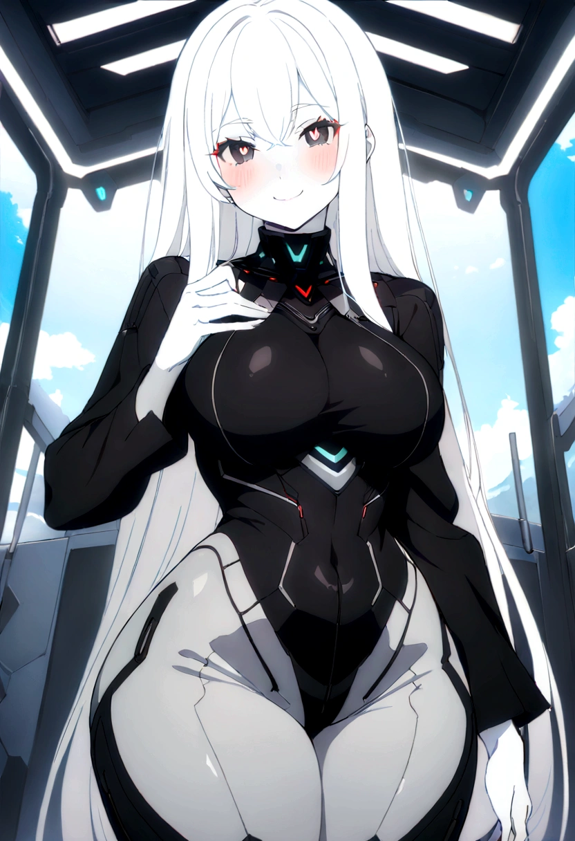 Masterpiece, High quality, High quality of art, anime lineart, 1girl,white hair, black eyes, white eyebrow, red eyeshadow, Tall, black cyber clothers, light gray cyber pants, big hips, big chest, very blush, white hearts in eyes, in future base, looking at viewer, smile, white skin
