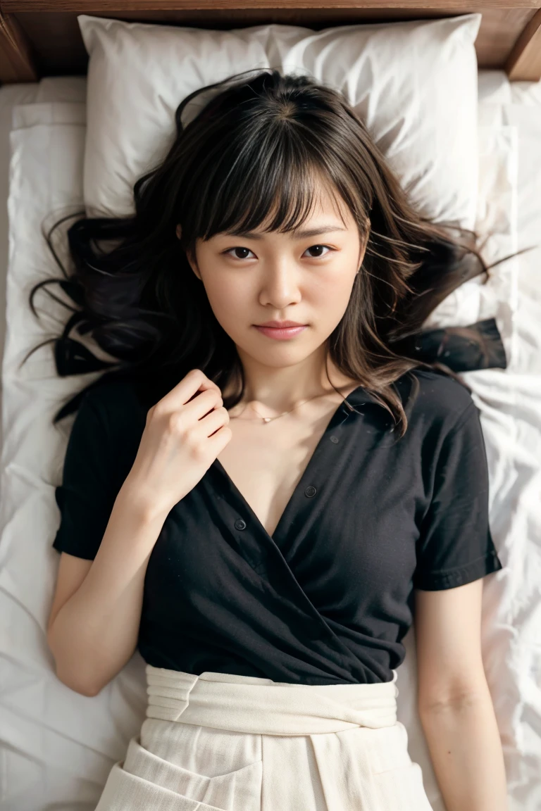 ((lying:1.5)), ((lying:1.5)), ((lying:1.5)), ((lying:1.5)), ((overhead shot:1.5)), ((overhead shot:1.5)), ((overhead shot:1.5)), ((Supine Position:1.5)), ((Photographed from directly above:1.5)), ((take a photo from directly above:1.5)), ((From above:1.5)), ((Photographed from directly above:1.5)), ((on bed:1.5)), ((on bed:1.5)), ((Hotel Bed:1.5)).
((one woman,1 female)), ((wearing a transparent white blouse:1.5)), ((mini skirt:1.5)).
((beautiful straight black long hair:1.5)), (bangs:1.7), (small natural breasts:1,7), ((flat chest:1.8)).
((looking at viewer:1.5)), ((look into the viewer's eyes:1.5)), ((Looking into the camera:1.5)), ((Viewer's line of sight:1.5)), Elderly face, ((crying:1.5)), ((crying:1.5)), ((shy:1.5)), ((shy:1.5)), ((shame:1.5)), ((blush:1.5)), strong maternal qualities, Staring at this, Face is close, Staring at this, Ultra-fine, Beautiful Hair, Transparent Photo, Have a look at this, Perfect Fingers, Perfect Face, Detailed Background, Fair skin, Translucent white skin, Perfect Fingers, Detailed Background, Highest quality, very High resolution, Perfect Anatomy, High resolution, RAW color photos, Professional photography, Very delicate, Very detailed, Finely detailed, Large file size, Best image quality, 16K, Award-winning works, Tabletop, Professional Photography,