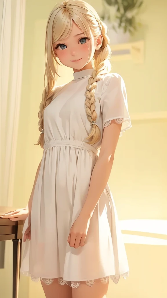 (masterpiece), ((Highest quality)), (Very detailed), (Beautiful eyes Beautiful details Eyes, Clean and delicate face), (whole body, Standing posture), Single braided blonde ponytail, Parted bangs, amount, smile, Wearing a white short-sleeved T-shirt, Layerable black camisole long dress, pumps, Simple color background