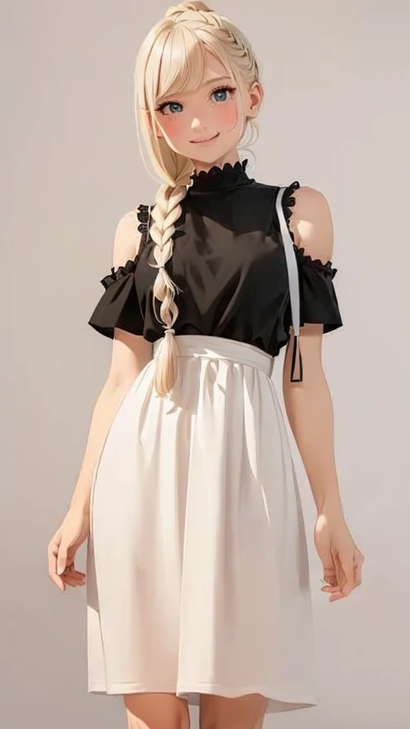 (masterpiece), ((Highest quality)), (Very detailed), (Beautiful eyes Beautiful details Eyes, Clean and delicate face), (whole body, Standing posture), Single braided blonde ponytail, Parted bangs, amount, smile, Wearing a white short-sleeved T-shirt, Layerable black camisole long dress, pumps, Simple color background