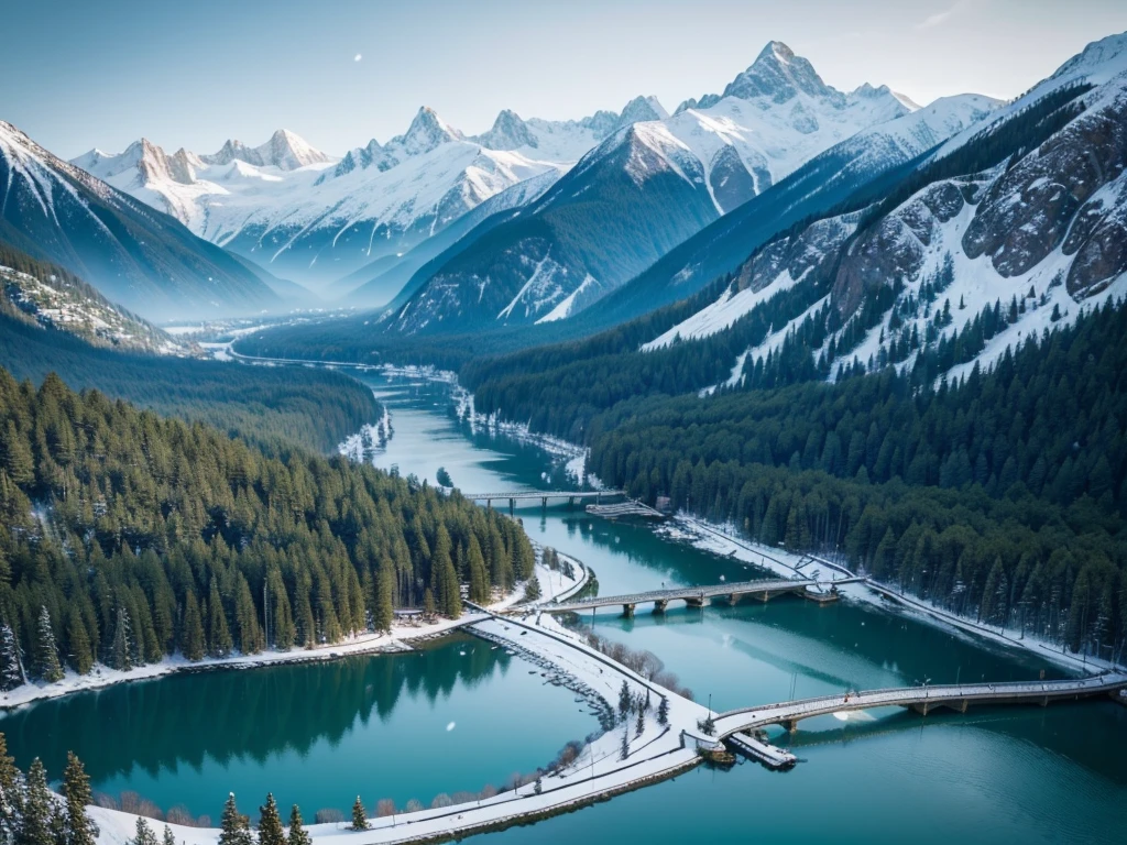 8K HD quality,Green water, forest, white snow, snowy mountains, city high-rise buildings and streets are frozen