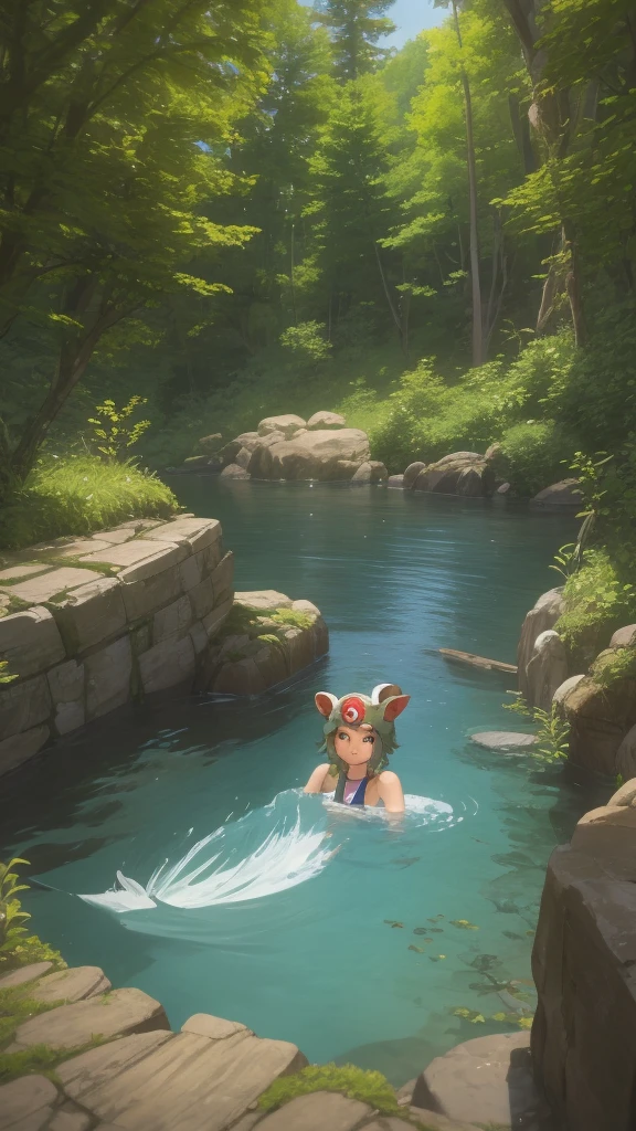 Precision,detailed,dynamic,official art, unity 8k wallpaper, Super detailed, beautiful, beautiful, masterpiece, highest quality, studio ghibly style mononoke, artwork in the style of Gweiz, princess mononoke inspired, Gweiz, Gweiz on artstation pixiv, Gweiz on pixiv artstation, mononoke, in a hot springs, in the water
