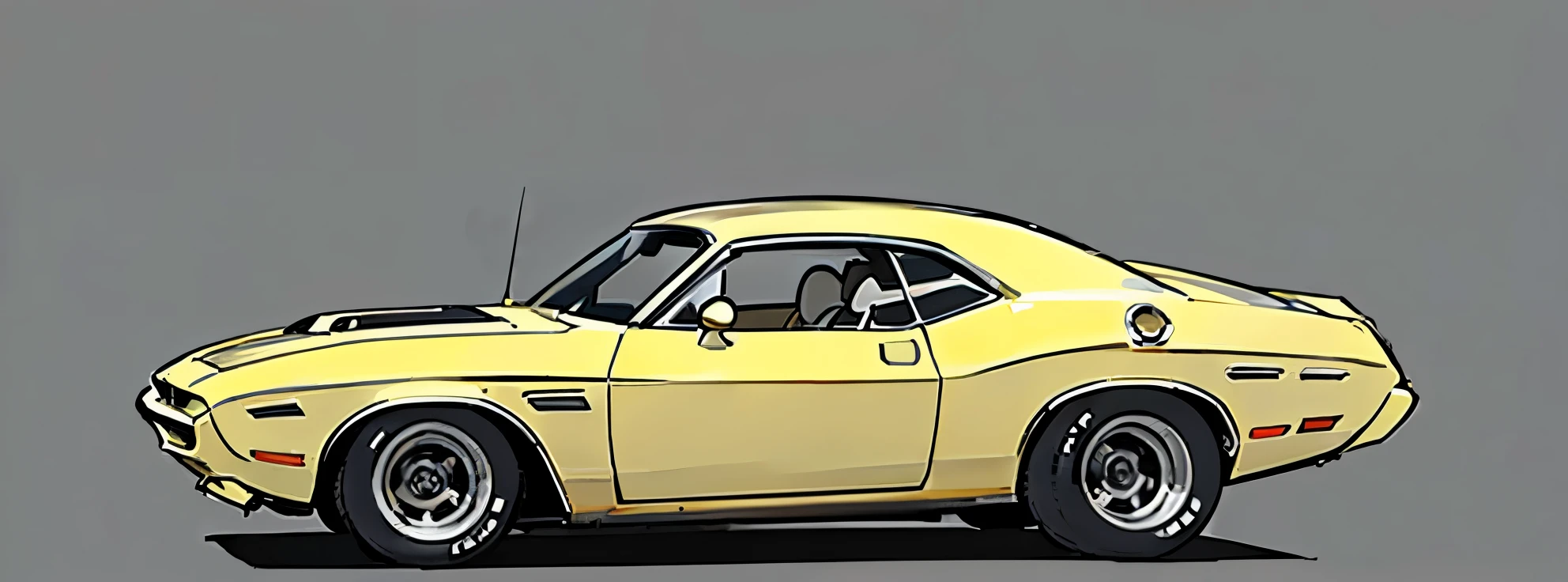 Light Brown colored 1970 Dodge Challenger RT , pop art, cartoonish style , sketch, comic, detailed illustration, large chrome wheels, slammed to the ground, wide bodykit, masterpiece, highly detailed ((([simple  grey background])))


