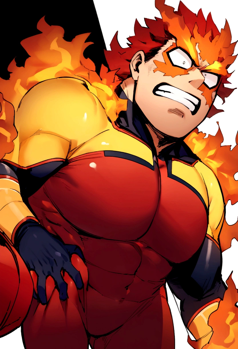 Endeavor, my hero academia, from front, super fine, bodysuits, middle-aged man, hunk, looking down and mouth wide open with shocked face, groin grabbed, groin squeezed,