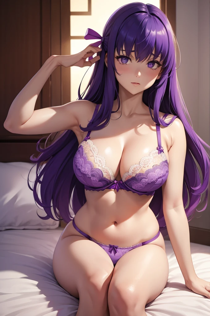 1girl,best quality, masterpiece, high resolution, solo, HD resolution, best quality, good quality, {matou_sakura_fatestaynightufotable:1.15}, purple_hair, long_hair, ribbon, hair_ribbon, purple_eyes, 1 girl, lace-trimmed bra purple, lace.trimmed bra, pretty thighs, big breasts, long_hair, empty_eyes, bed, room, bedroom,