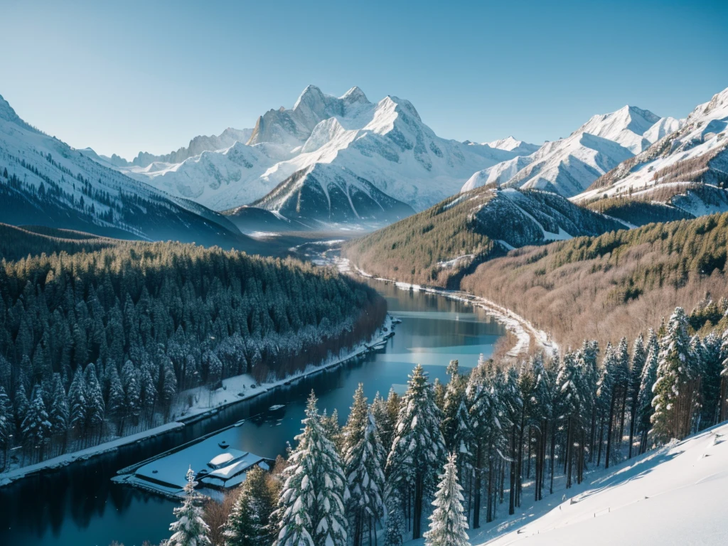 8K HD quality,Green trees, forests, snowy mountains, city buildings, streets are frozen in ice