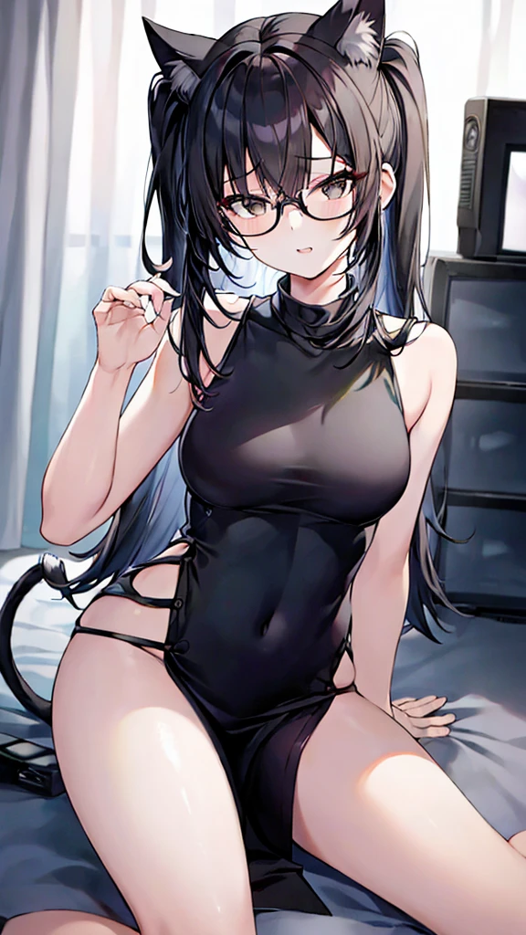 A 20-year-old cat girl with long black hair, gray eyes, bust, wears glasses, and a thigh-length black evening dress. Sitting next to the bed, looking at the bedroom