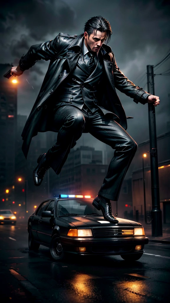 a man in a black trenchcoat jumping over a car, escaping from police, cinematic lighting, dramatic pose, high speed motion blur, gritty urban setting, moody color palette, chiaroscuro lighting, (best quality,4k,8k,highres,masterpiece:1.2),ultra-detailed,(realistic,photorealistic,photo-realistic:1.37)