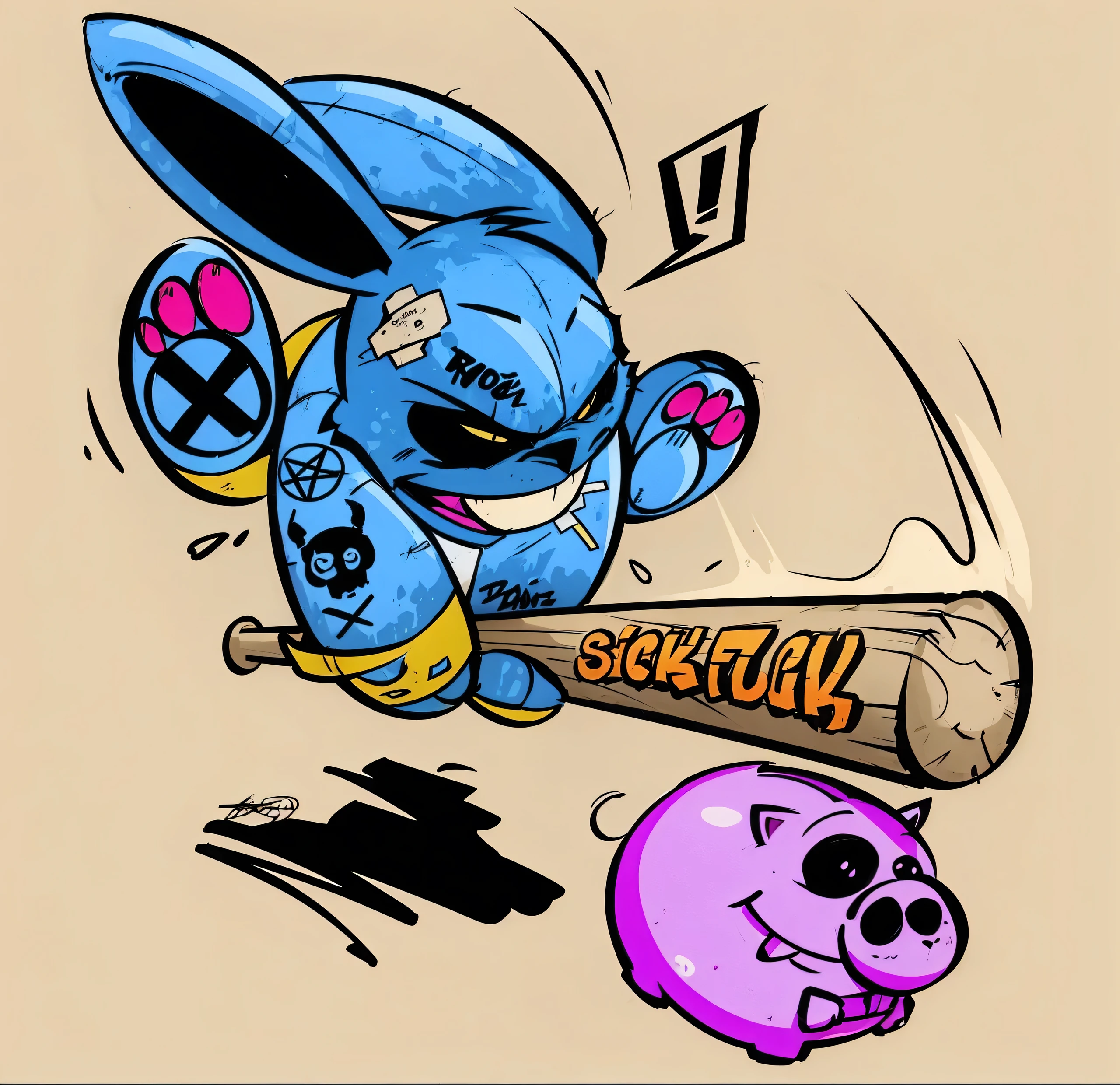 Drawing of a blue rabbit, hit a baseball with a bat, punk ban, [ conceptual artwork ]!!, digitally colored, hurt, vectorial art, From the Miami Hotline, inspired by Shūbun Tenshō, based on Kanbun Master, anthropomorphic warrior pig, official fan art, sticky tar. conceptual artwork, Superficial, Look at the horror