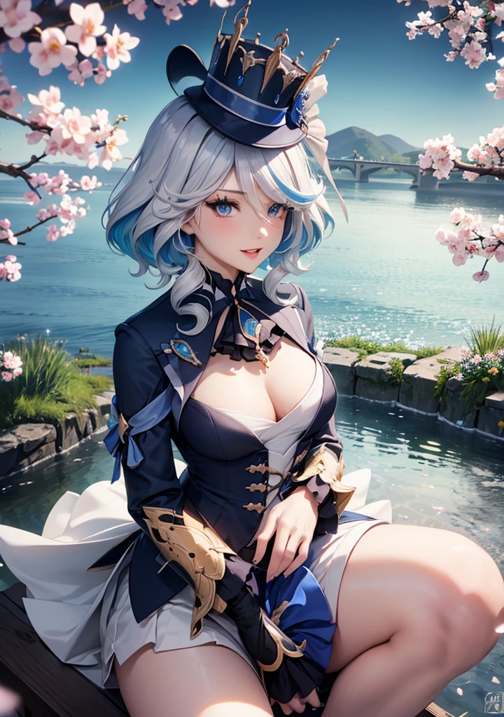 masterpiece, best quality, ultra detailed, bright, glow light, ray tracing, HDR, depth of field (perfect face, detailed face, detailed eyes, perfect hands), (medium breasts: 1.2), 8k, HD, ultra realistic face, ray tracing, perfect lighting, best quality, bright and ultra detailed eyes, (looking at viewer, open mouth smile: 1.1), ((1 girl)), (mature woman: 1.4 ), cowboy photo, thighs, point of view, furina, long hair, hair over one eye ((gradient hair)), multicolored eyes, gradient eyeright eyes: 1.5), mascara, (fashion makeup), half-open lips, blush, neckline, hat, jewelry, short neckline, blue neckline, flower, white miniskirt, black gloves, miniskirt, short skirt, blue neckline, brooch, gem, blue hats, blue flower, hat flower, blue rose, tilted hats, blue gemstone, blue scan the middle of the Japanese countryside, Japanese bridge, over the bridge, river, cherry trees, cherry petals, dark blue sky, Koi in the river)), (complex background, many elements in the background: 1.2), ((super detailed background )), lover poses, ((8k wallpaper)),