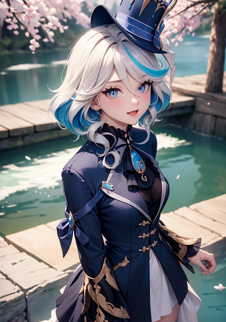 masterpiece, best quality, ultra detailed, bright, glow light, ray tracing, HDR, depth of field (perfect face, detailed face, detailed eyes, perfect hands), (medium breasts: 1.2), 8k, HD, ultra realistic face, ray tracing, perfect lighting, best quality, bright and ultra detailed eyes, (looking at viewer, open mouth smile: 1.1), ((1 girl)), (mature woman: 1.4 ), cowboy photo, thighs, point of view, furina, long hair, hair over one eye ((gradient hair)), multicolored eyes, gradient eyeright eyes: 1.5), mascara, (fashion makeup), half-open lips, blush, neckline, hat, jewelry, short neckline, blue neckline, flower, white miniskirt, black gloves, miniskirt, short skirt, blue neckline, brooch, gem, blue hats, blue flower, hat flower, blue rose, tilted hats, blue gemstone, blue scan the middle of the Japanese countryside, Japanese bridge, over the bridge, river, cherry trees, cherry petals, dark blue sky, Koi in the river)), (complex background, many elements in the background: 1.2), ((super detailed background )), lover poses, ((8k wallpaper)),