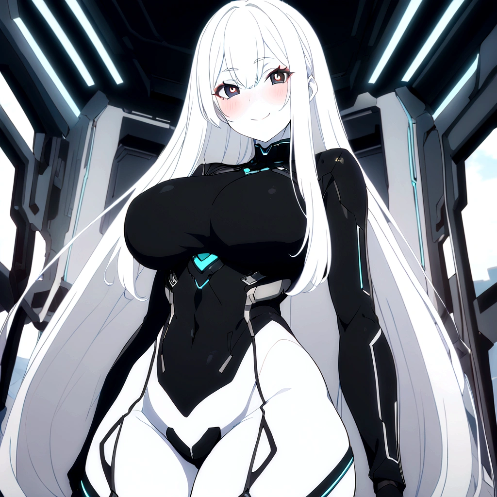 Masterpiece, High quality, High quality of art, anime lineart, 1girl,white hair, black eyes, white eyebrow, red eyeshadow, Tall, black cyber clothers, light gray cyber pants, big hips, big chest, very blush, white hearts in eyes, in future base, looking at viewer, smile, white skin