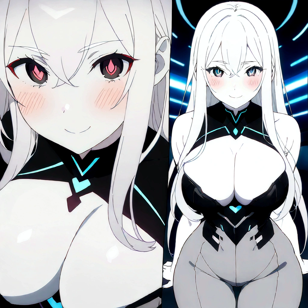 Masterpiece, High quality, High quality of art, anime lineart, 1girl,white hair, black eyes, white eyebrow, red eyeshadow, Tall, black cyber clothers, light gray cyber pants, big hips, big chest, very blush, white hearts in eyes, in future base, looking at viewer, smile, white skin