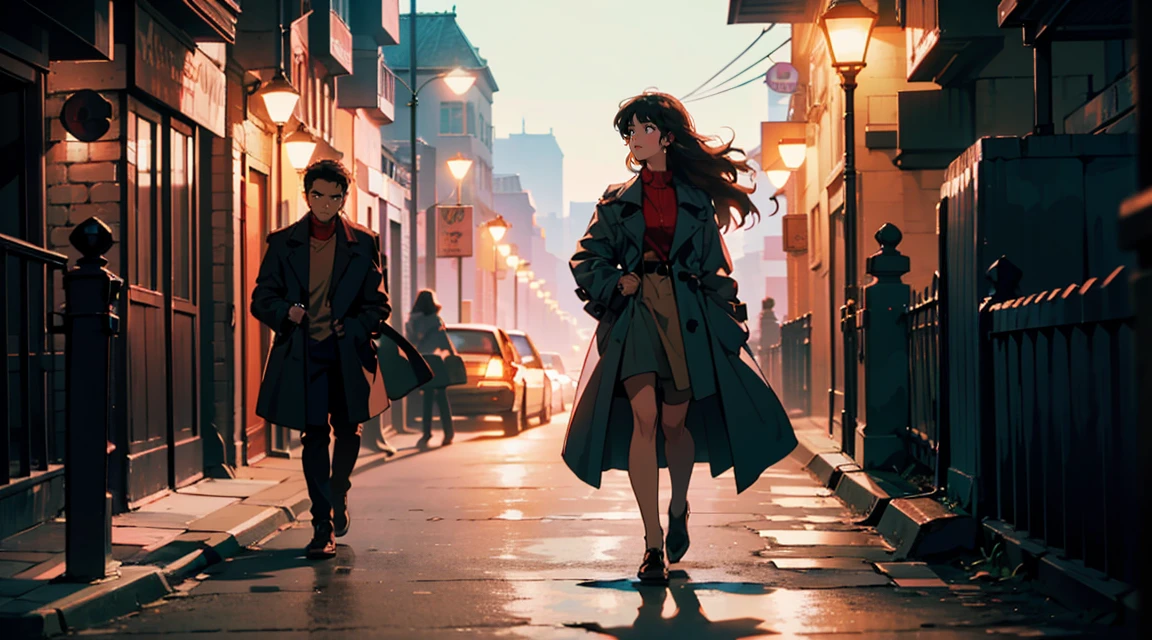 streetlight at night, European cityscape, Classic atmosphere, Adult woman with long hair wearing a trench coat, ,Perfect Face, Looking Away, (Backlight: 1.1), A scene from a movie, Soft Shadows, masterpiece, Highest quality, Complex, Model shooting style, Vintage, Film Grain, Wide shot wet hair、Red lipstick、(Blue-toned lighting)