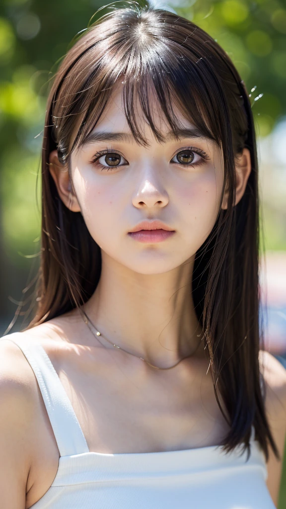 One Girl,(1人のとてもcute女の子:1.3),masterpiece,Highest quality,High resolution,Photorealistic,RAW Photos,Ray Tracing,beautiful girl,(15 years old:1.3),cute,Big eyes,(detailed pupils:1.2),(The face is facing straight ahead:1.3),Body facing forward,Beautiful nose,Fuller lips,Short black hair,ponytail,short hair,Detailed eyelashes,Thin eyebrows,Very fine grain definition,(Symmetrical eyes:1.3),(Face close-up,Face Focus:1.0),Small breasts,Short neck,Girls' School Uniform,High ,The background is the sea,Southern Island,Blue sky,White cloud,Portrait,View Viewer,Upper Body,Cinema Lighting,High resolution,Very detailed