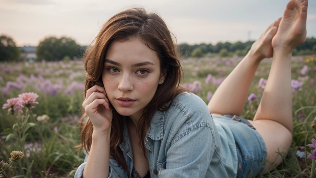 a photo of a seductive woman with loose styled redhead hair, posing in a fieldofflowers, she is wearing Button-up pink flannel shirt, and denim shorts, intricate details, goosebumps, flawless face, shy, prude, (freckles:0.9), ((photorealistic):1.2), raw