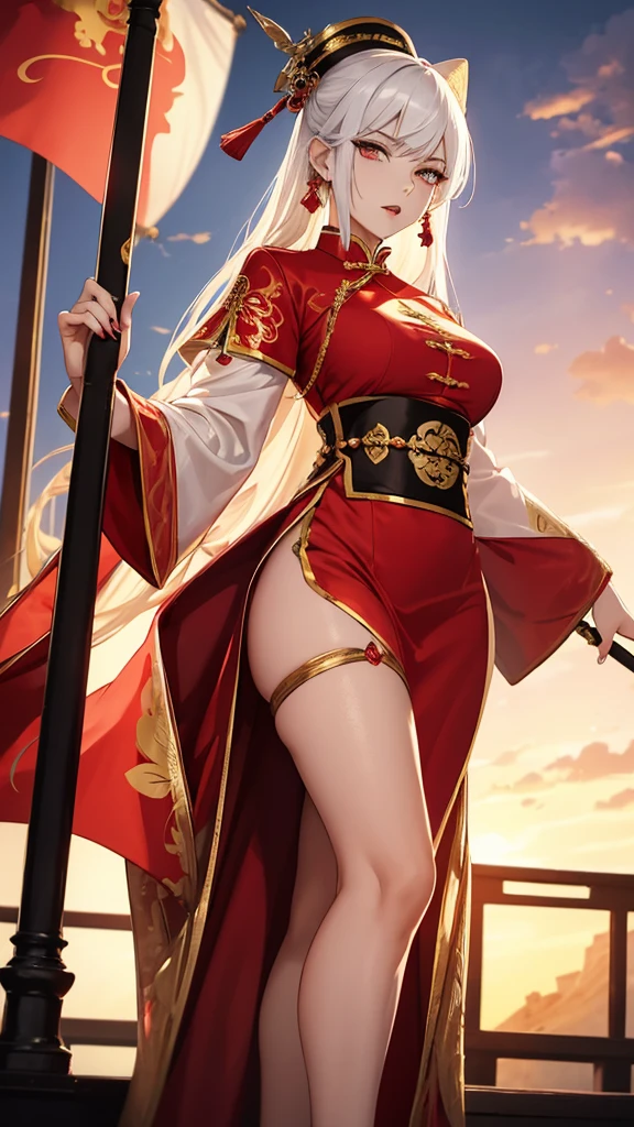 A female empress, white-haired, with gold eyes, red nails, with notable physical characteristics, mostrando os peitos, legs open showing pussy, with an angry face and a provocative look, with open mouth showing tongue. Wearing traditional Chinese imperial clothing decorated in gold with black details, with red Hanafuda earrings, with a short red skirt. Holding a majestic spear of shining silver pointed forward. Standing on a balcony of a Chinese castle with a sunset and flags in the background.