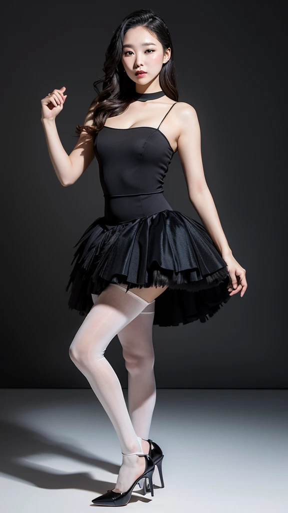 (masterpiece,best quality, extremely realistic),
1 woman,Moyou,black background,whole body,high heel,
(black dress), 
tutu,white pantyhose, pantyhose,Model Pose,studio
 