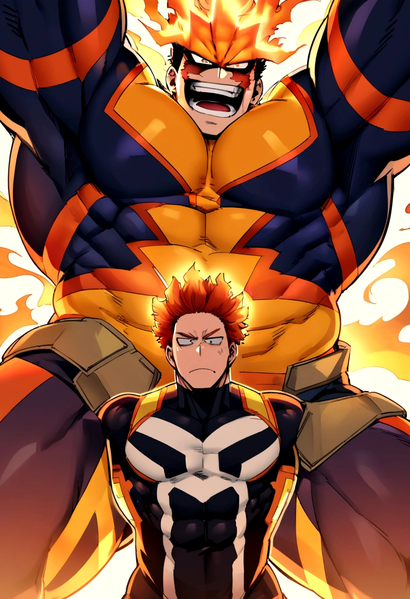 Endeavor, my hero academia, from front, super fine, bodysuits, middle-aged man, hunk, looking down and mouth wide open with shocked face, groin grabbed, groin squeezed,
