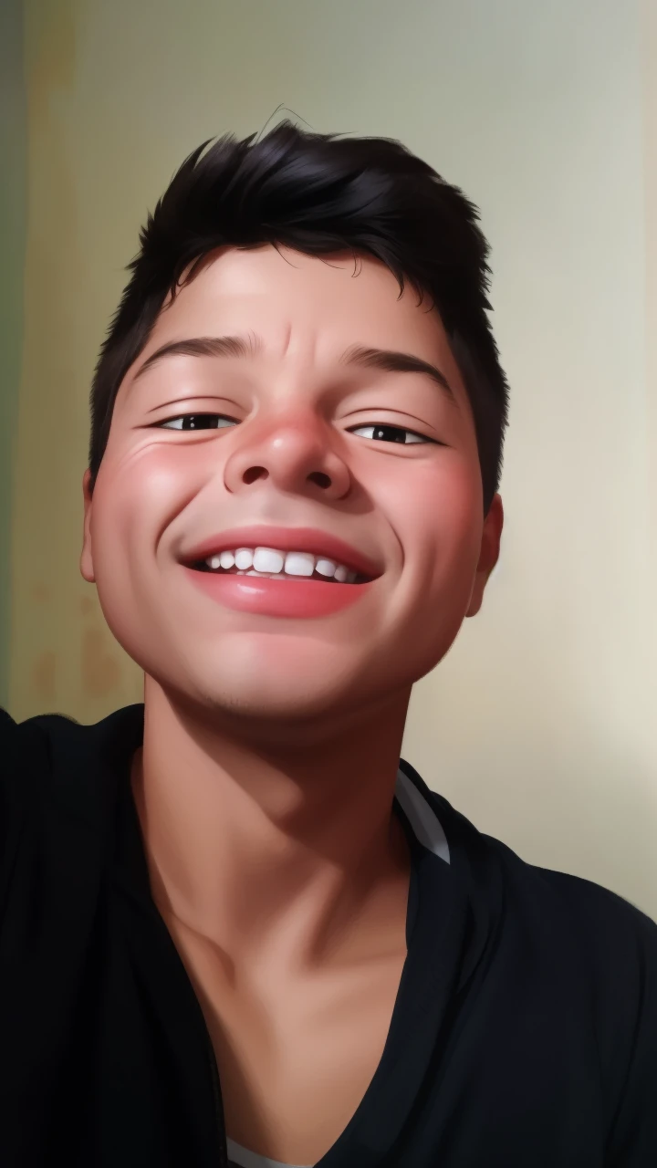 Realistic portrait of a seven-year-old boy, He wears a red shirt . His face is childish and exploratory . He goes out cautiously into the garden of the house,  A small cat is among the bushes and he touches it cautiously ,Not facing the camera,, Hair is untidy , 